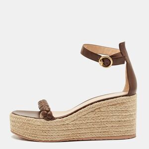 Gianvito Rossi Brown Braided Leather Merida Espadrille Wedge Sandals Size 41